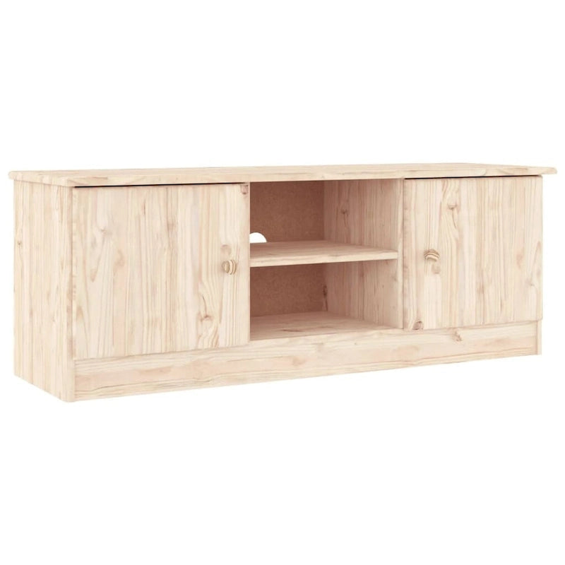 Meuble TV en bois de pin massif blanc avec étagères ouvertes et portes de rangement