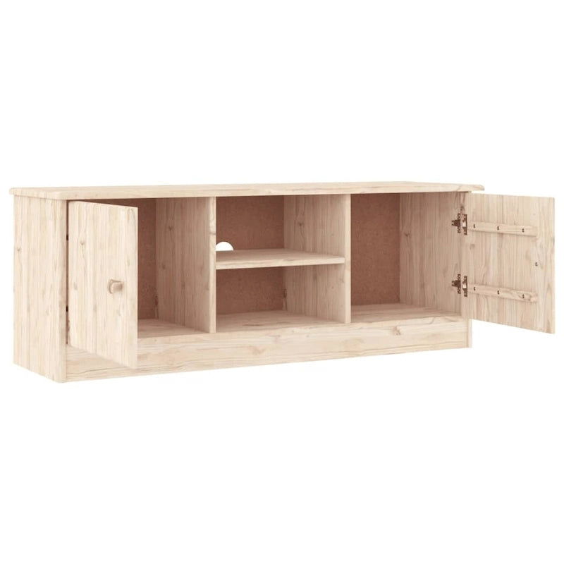 Meuble TV en bois de pin massif blanc avec étagères ouvertes et portes de rangement