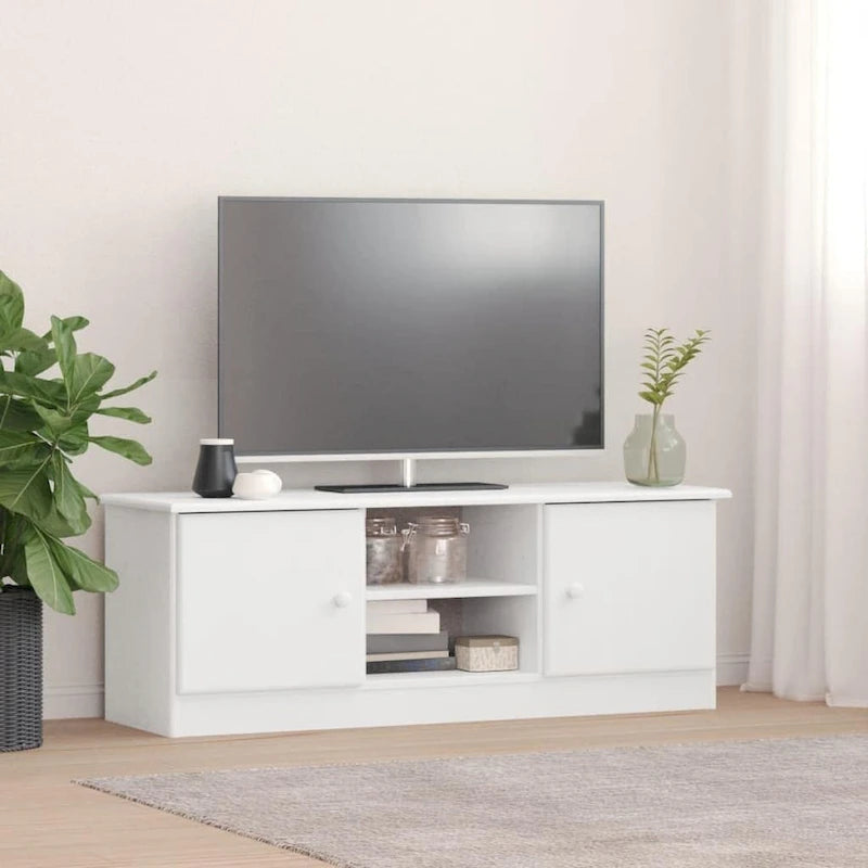 Meuble TV en bois de pin massif blanc avec étagères ouvertes et portes de rangement