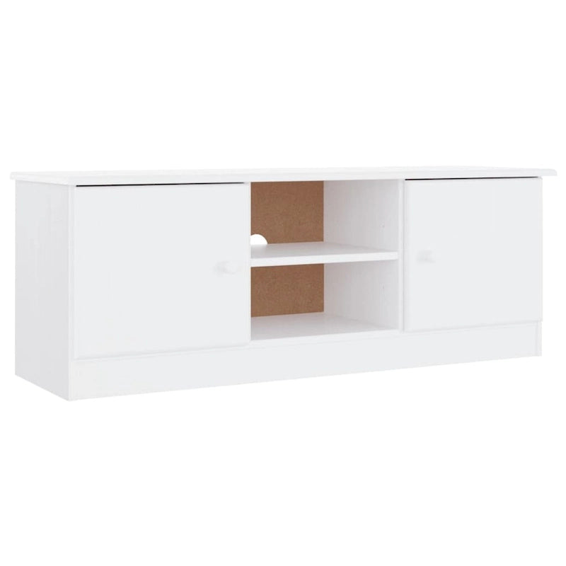 Meuble TV en bois de pin massif blanc avec étagères ouvertes et portes de rangement
