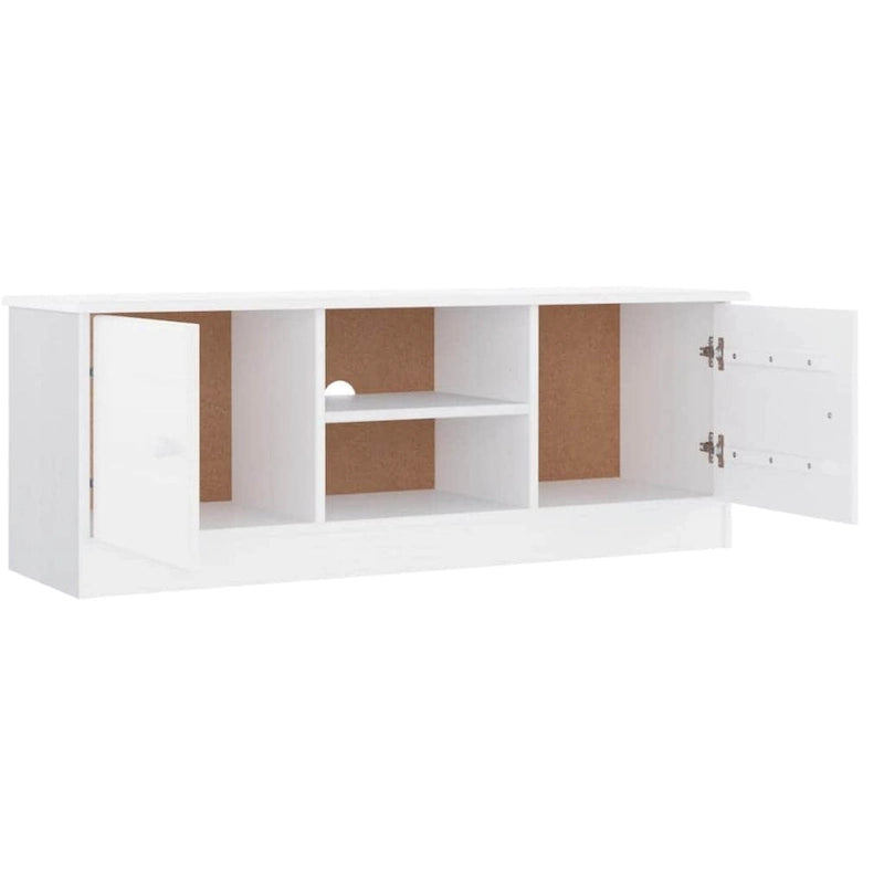 Meuble TV en bois de pin massif blanc avec étagères ouvertes et portes de rangement
