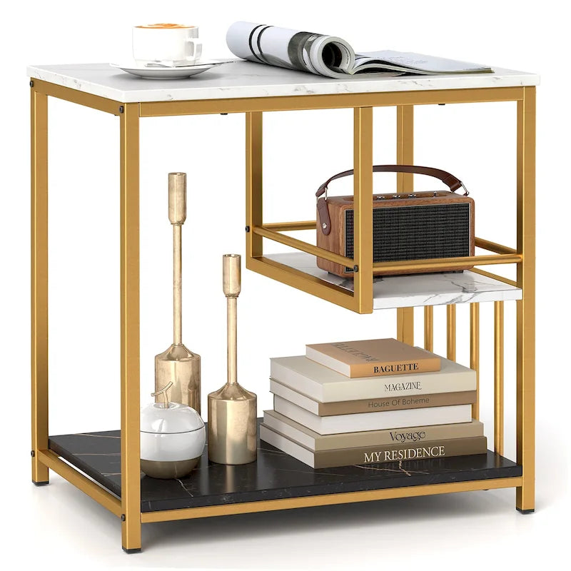 Table d'appoint à 3 niveaux effet marbre avec cadre en métal doré et étagères de rangement