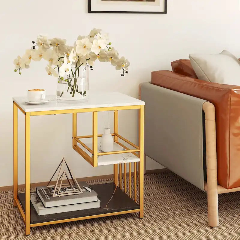 Table d'appoint à 3 niveaux effet marbre avec cadre en métal doré et étagères de rangement