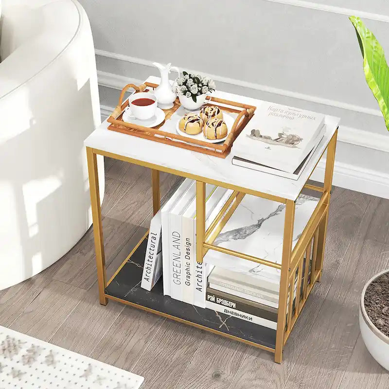 Table d'appoint à 3 niveaux effet marbre avec cadre en métal doré et étagères de rangement