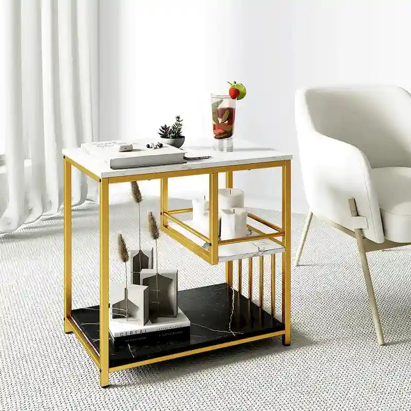 Table d'appoint à 3 niveaux effet marbre avec cadre en métal doré et étagères de rangement