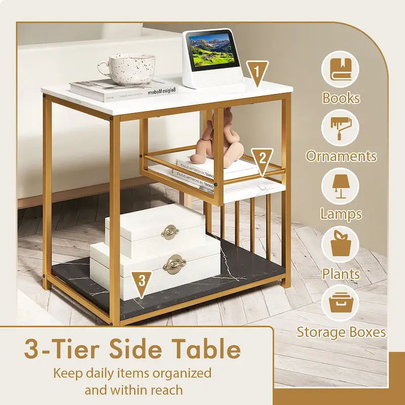 Table d'appoint à 3 niveaux effet marbre avec cadre en métal doré et étagères de rangement