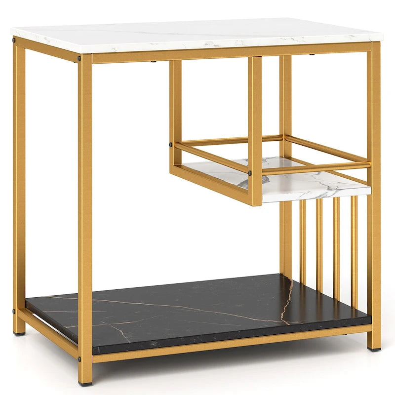 Table d'appoint à 3 niveaux effet marbre avec cadre en métal doré et étagères de rangement