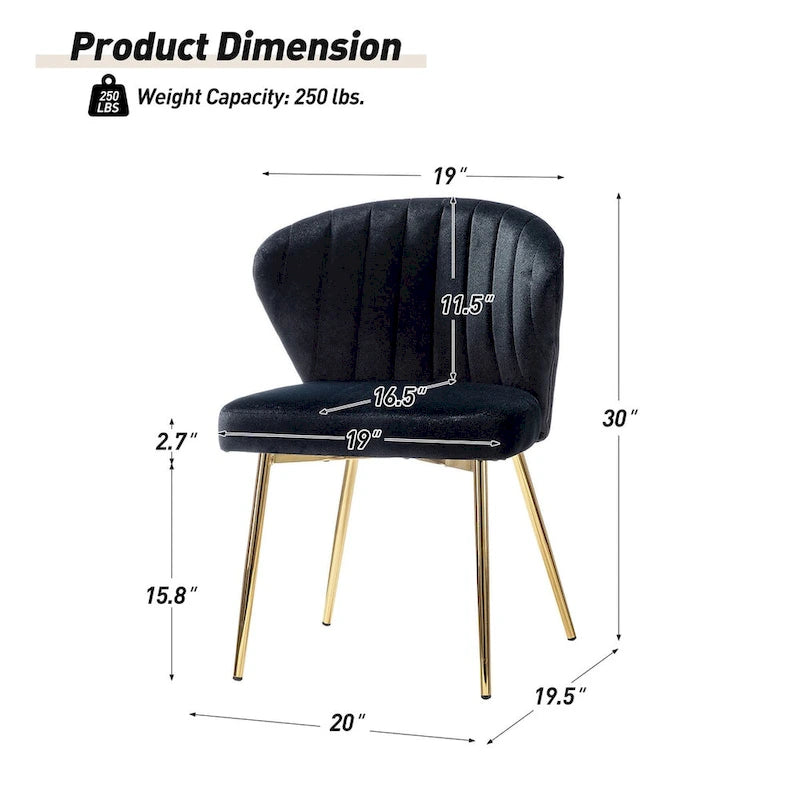 Chaise de salle à manger en velours avec pieds en métal doré, dossier incurvé et rembourré en mousse