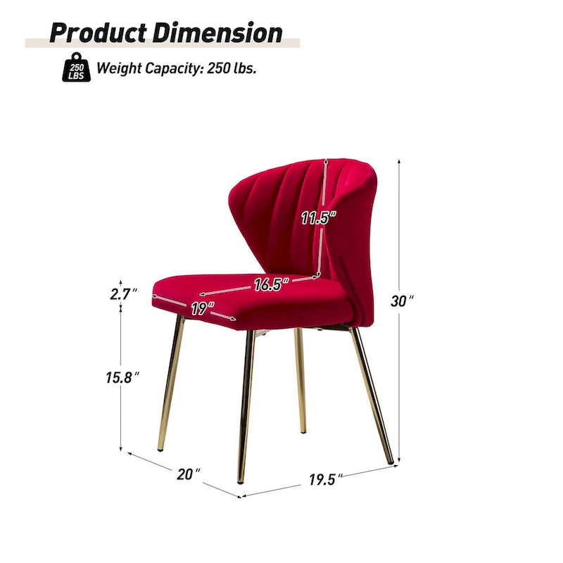 Chaise de salle à manger en velours avec pieds en métal doré, dossier incurvé et rembourré en mousse
