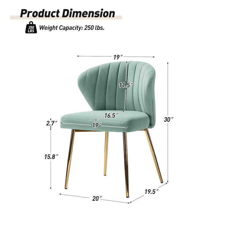 Chaise de salle à manger en velours avec pieds en métal doré, dossier incurvé et rembourré en mousse
