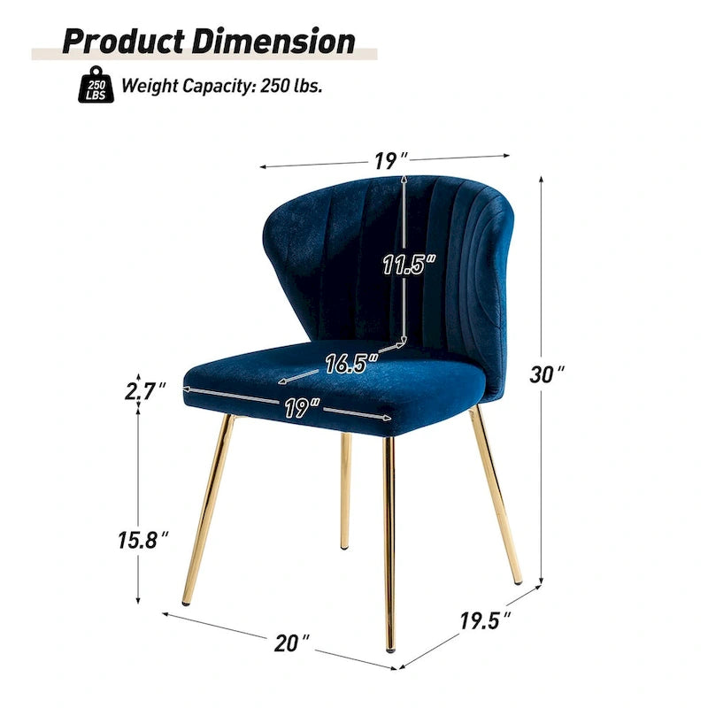 Chaise de salle à manger en velours avec pieds en métal doré, dossier incurvé et rembourré en mousse