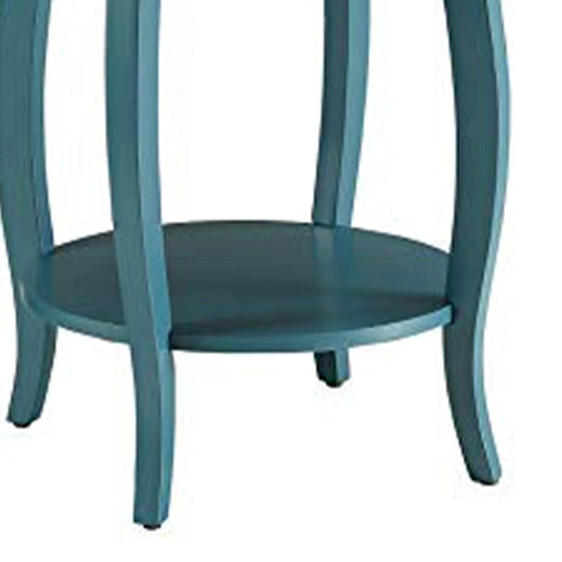 Table d'appoint ronde bleu sarcelle avec étagère inférieure et pieds cabriolés