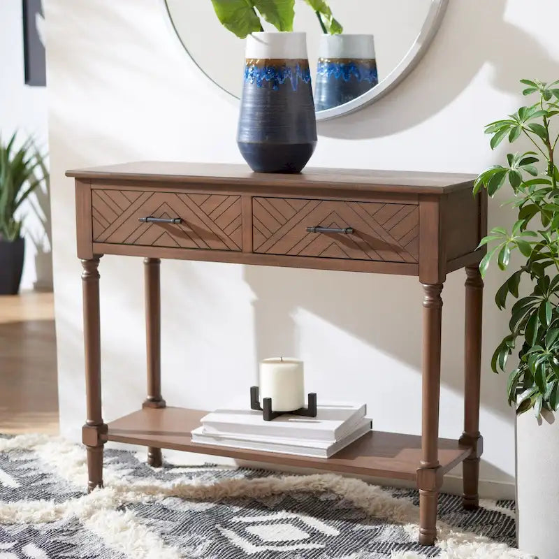 Console 2 tiroirs avec motif à chevrons et étagère inférieure ouverte
