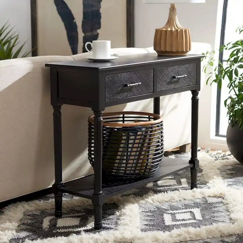 Console 2 tiroirs avec motif à chevrons et étagère inférieure ouverte