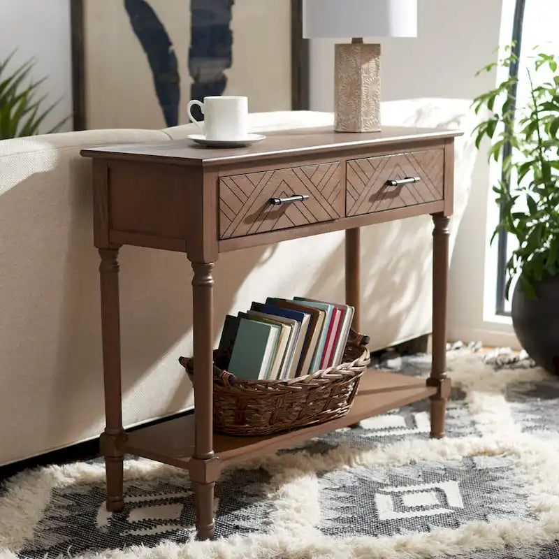 Console 2 tiroirs avec motif à chevrons et étagère inférieure ouverte