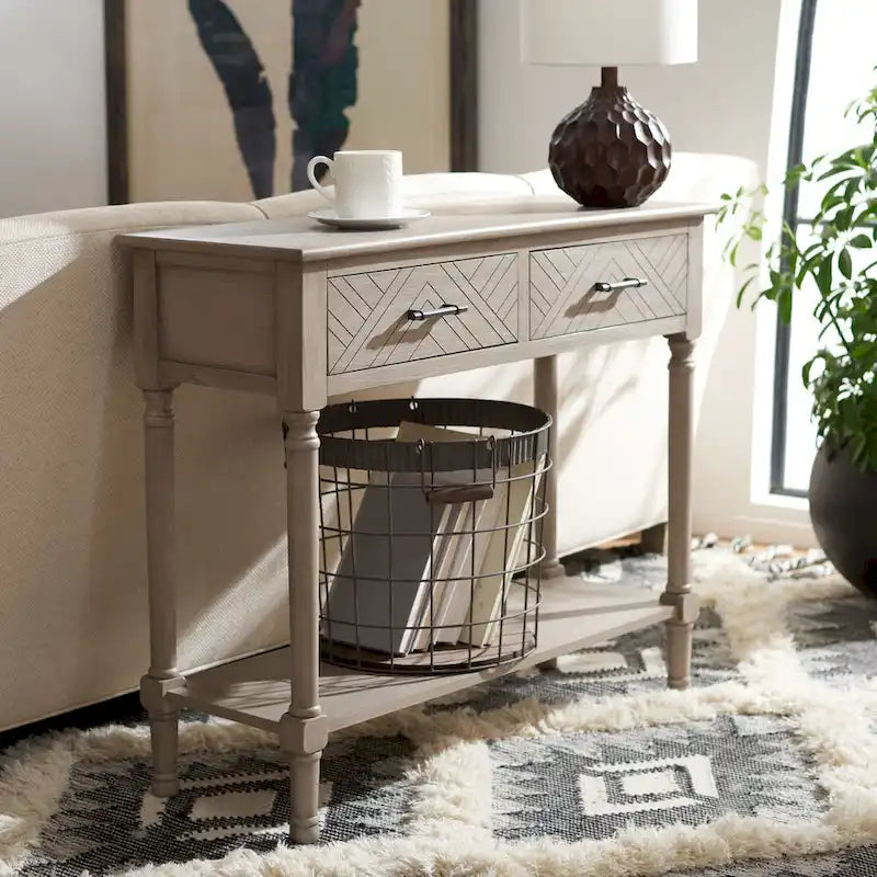 Console 2 tiroirs avec motif à chevrons et étagère inférieure ouverte