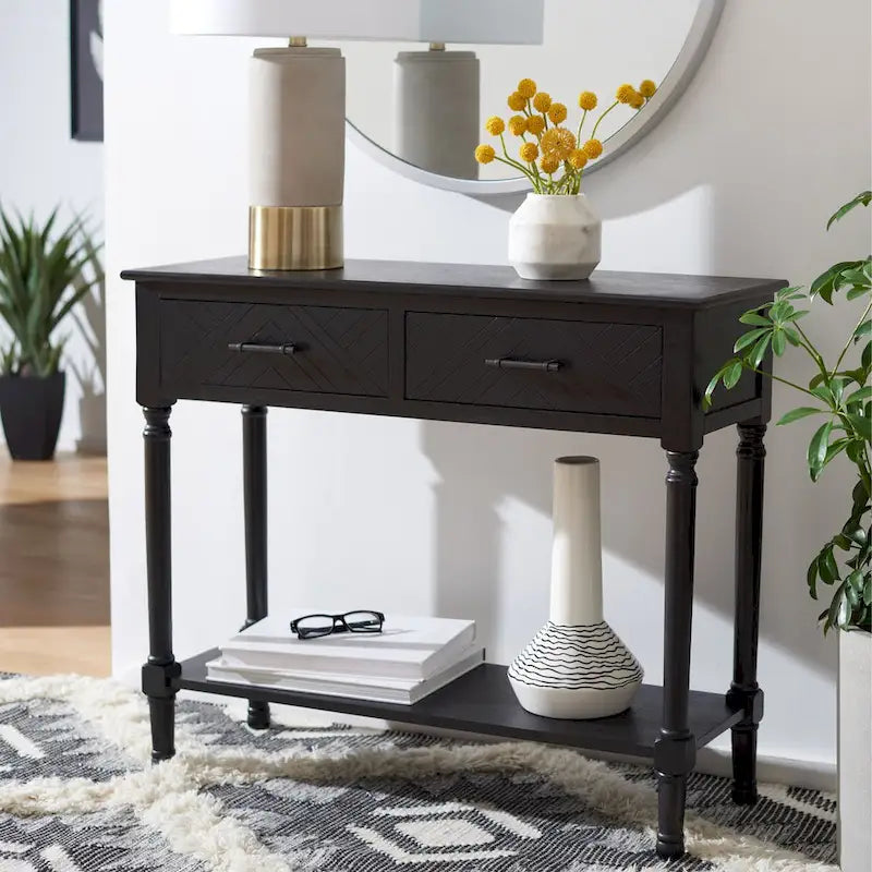 Console 2 tiroirs avec motif à chevrons et étagère inférieure ouverte