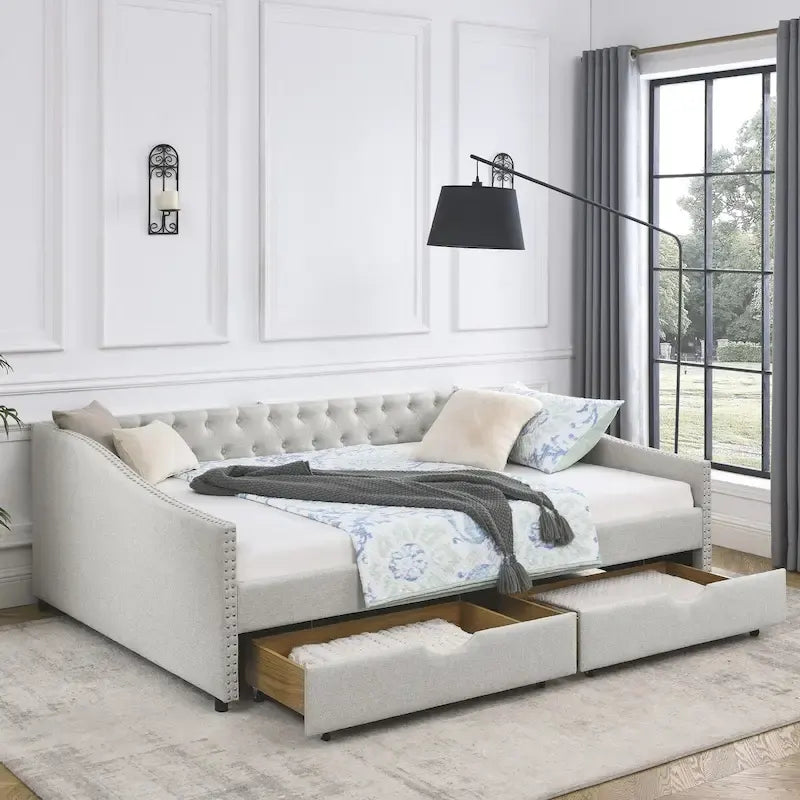 Lit de repos rembourré Queen avec tiroirs de rangement, capitonné, beige-gris
