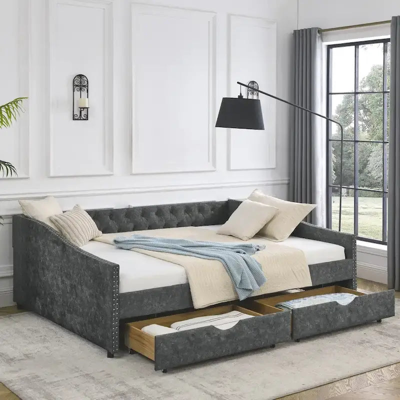 Lit de repos rembourré Queen avec tiroirs de rangement, capitonné, beige-gris