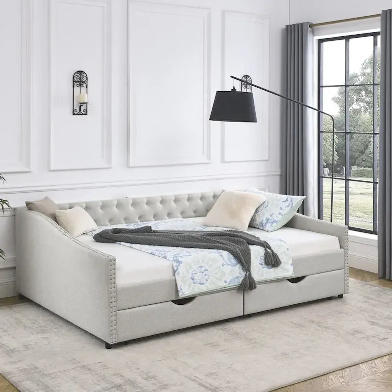Lit de repos rembourré Queen avec tiroirs de rangement, capitonné, beige-gris