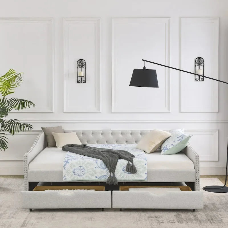 Lit de repos rembourré Queen avec tiroirs de rangement, capitonné, beige-gris