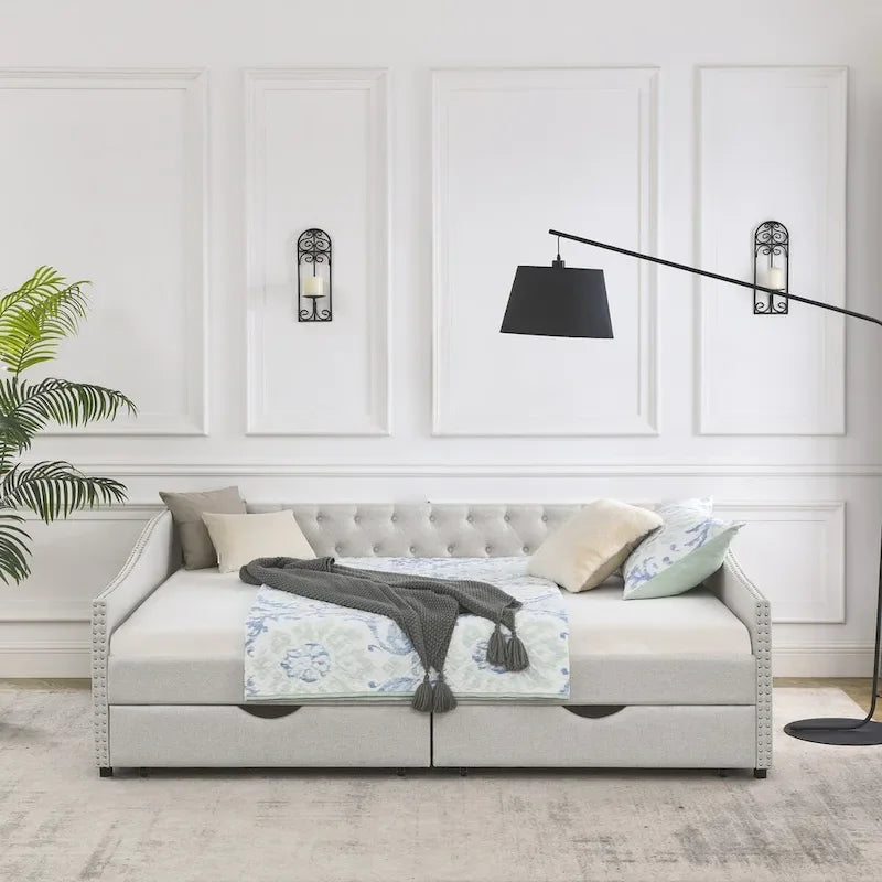 Lit de repos rembourré Queen avec tiroirs de rangement, capitonné, beige-gris