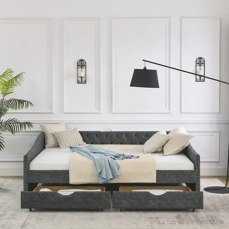 Lit de repos rembourré Queen avec tiroirs de rangement, capitonné, beige-gris