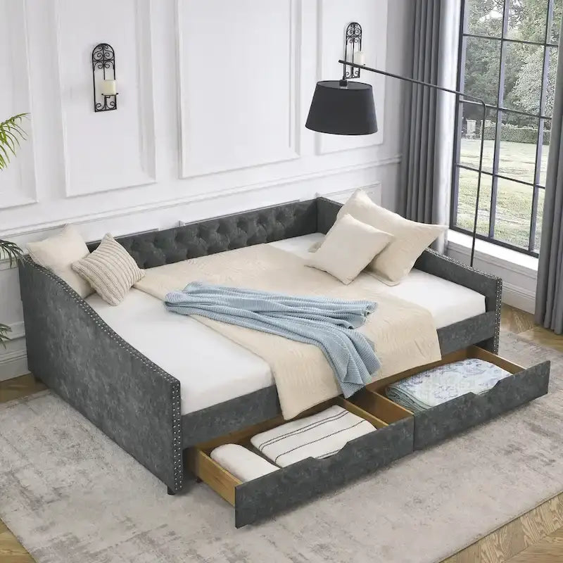 Lit de repos rembourré Queen avec tiroirs de rangement, capitonné, beige-gris