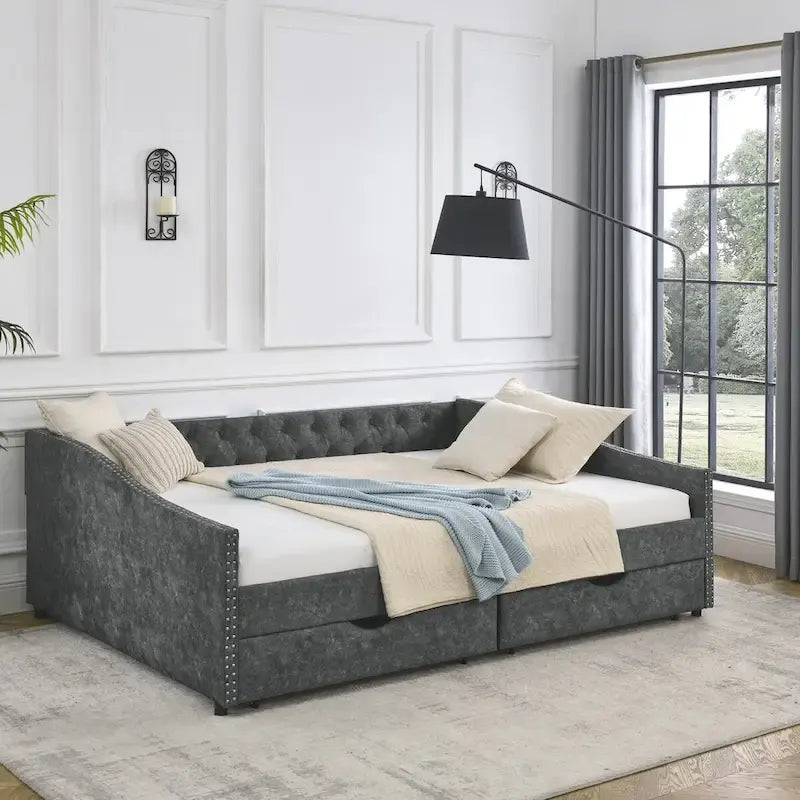 Lit de repos rembourré Queen avec tiroirs de rangement, capitonné, beige-gris