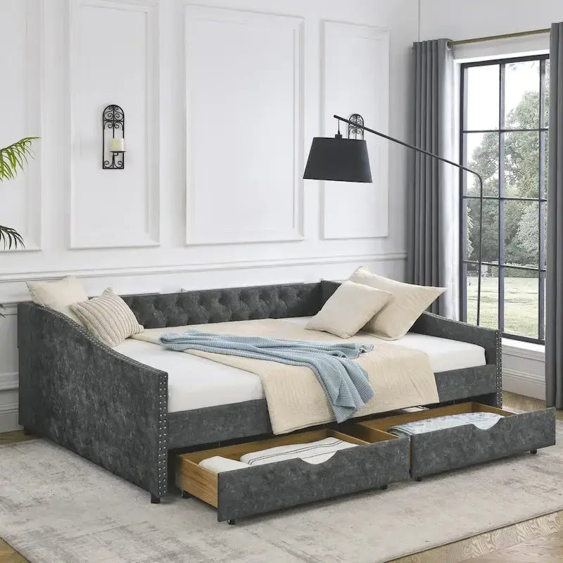 Lit de repos rembourré Queen avec tiroirs de rangement, capitonné, beige-gris