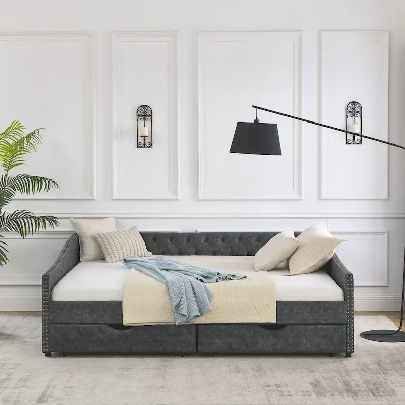 Lit de repos rembourré Queen avec tiroirs de rangement, capitonné, beige-gris