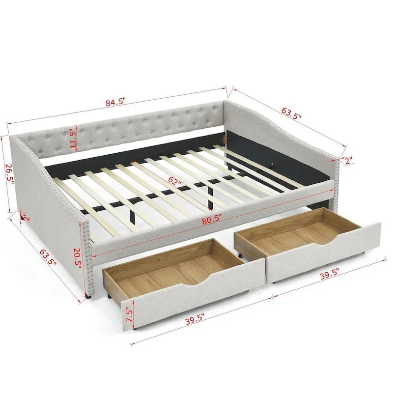 Lit de repos rembourré Queen avec tiroirs de rangement, capitonné, beige-gris