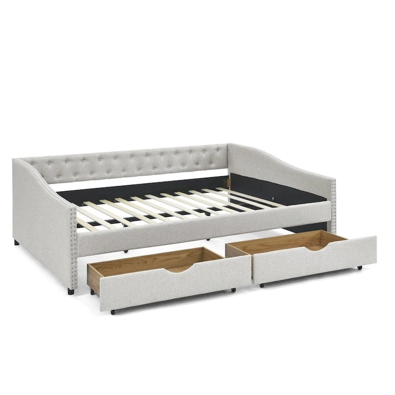 Lit de repos rembourré Queen avec tiroirs de rangement, capitonné, beige-gris