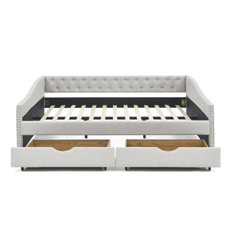 Lit de repos rembourré Queen avec tiroirs de rangement, capitonné, beige-gris