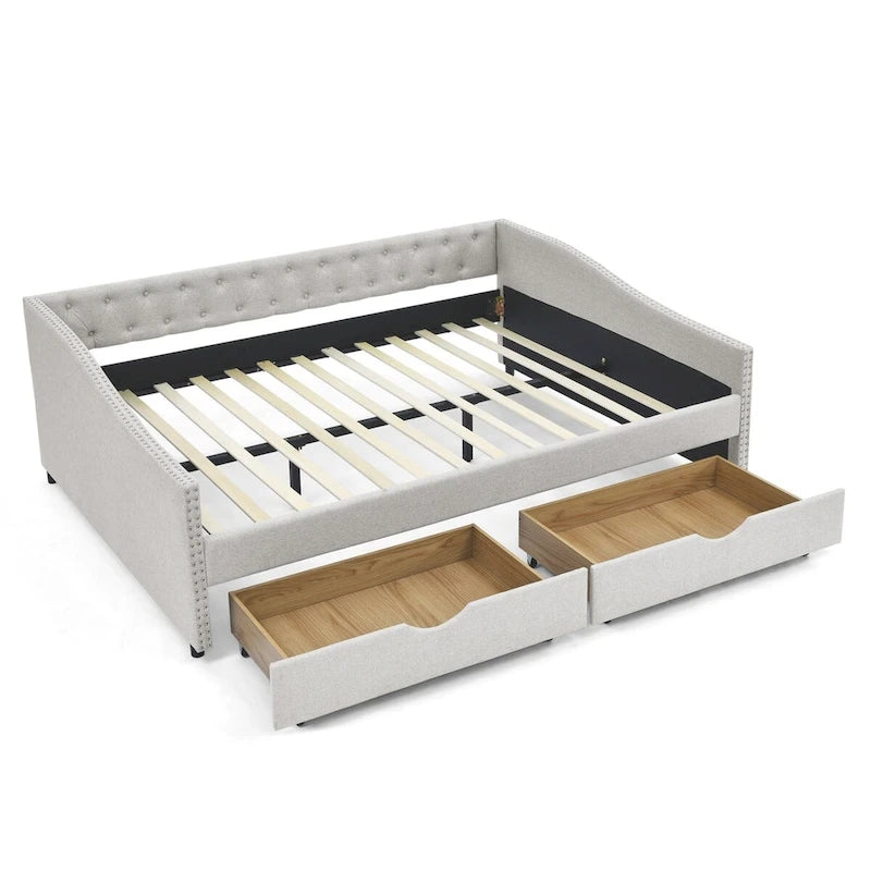 Lit de repos rembourré Queen avec tiroirs de rangement, capitonné, beige-gris