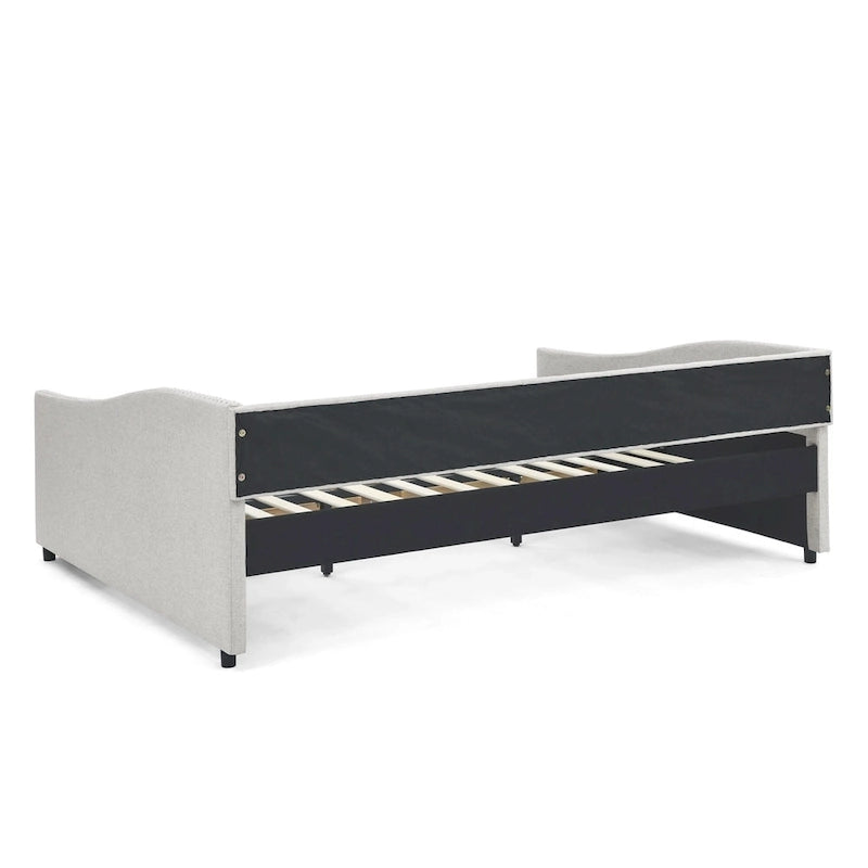Lit de repos rembourré Queen avec tiroirs de rangement, capitonné, beige-gris