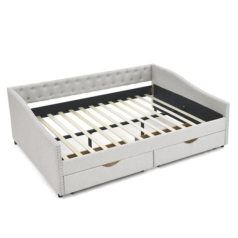 Lit de repos rembourré Queen avec tiroirs de rangement, capitonné, beige-gris