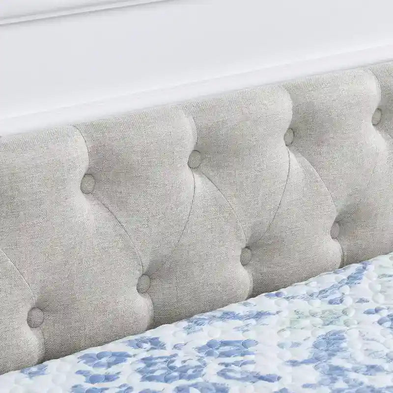 Lit de repos rembourré Queen avec tiroirs de rangement, capitonné, beige-gris