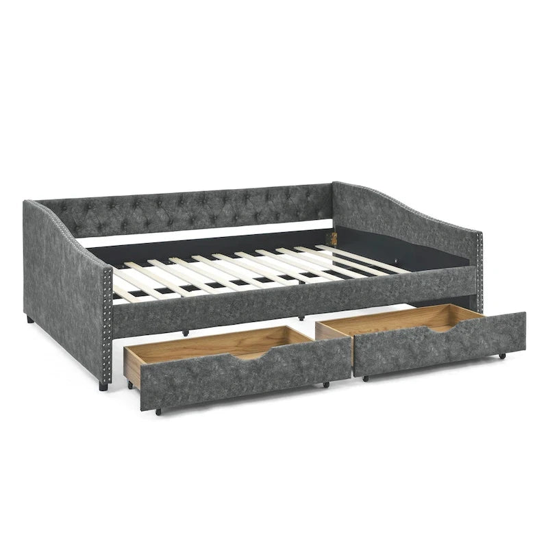 Lit de repos rembourré Queen avec tiroirs de rangement, capitonné, beige-gris