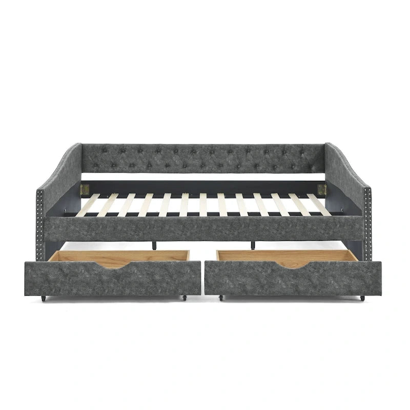 Lit de repos rembourré Queen avec tiroirs de rangement, capitonné, beige-gris