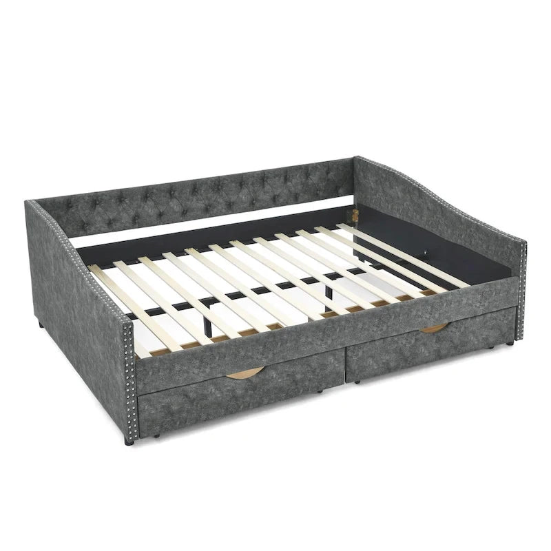 Lit de repos rembourré Queen avec tiroirs de rangement, capitonné, beige-gris