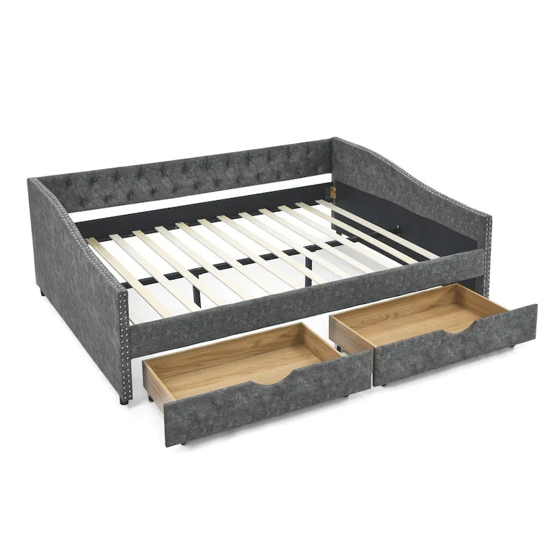 Lit de repos rembourré Queen avec tiroirs de rangement, capitonné, beige-gris
