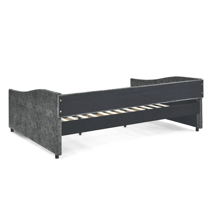 Lit de repos rembourré Queen avec tiroirs de rangement, capitonné, beige-gris