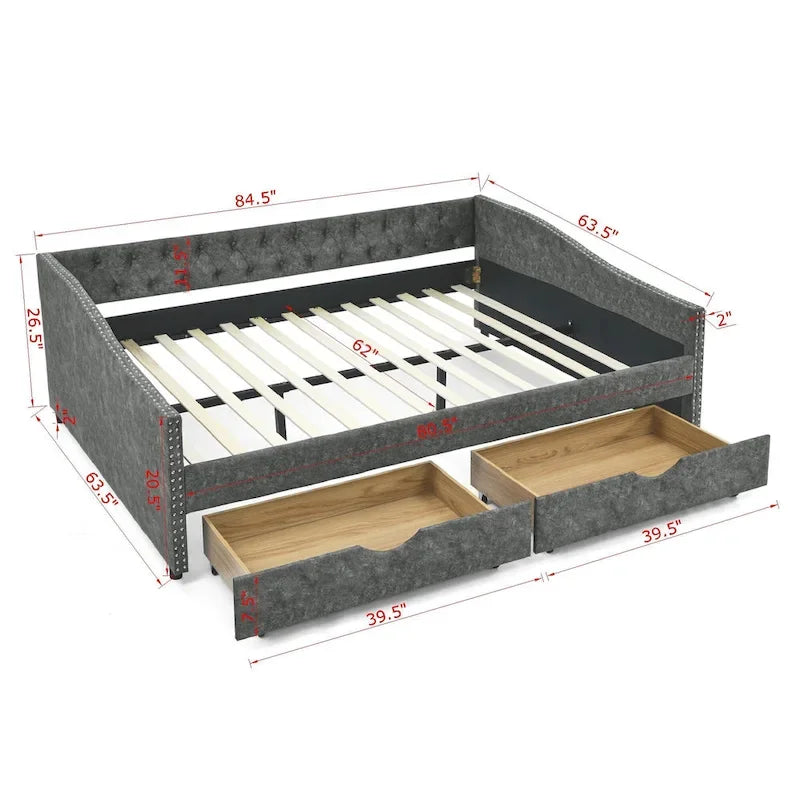 Lit de repos rembourré Queen avec tiroirs de rangement, capitonné, beige-gris