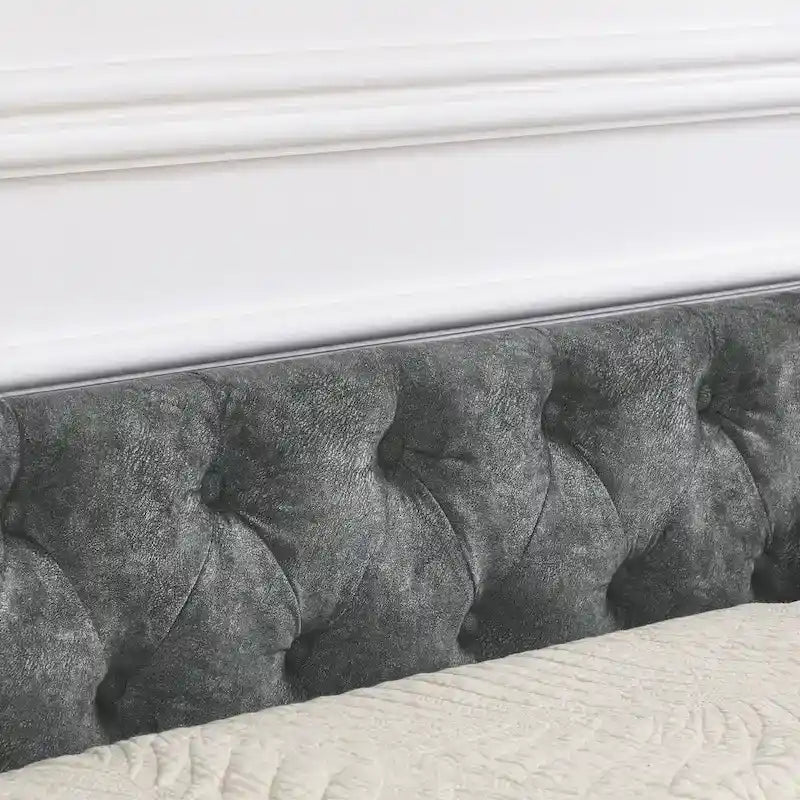 Lit de repos rembourré Queen avec tiroirs de rangement, capitonné, beige-gris