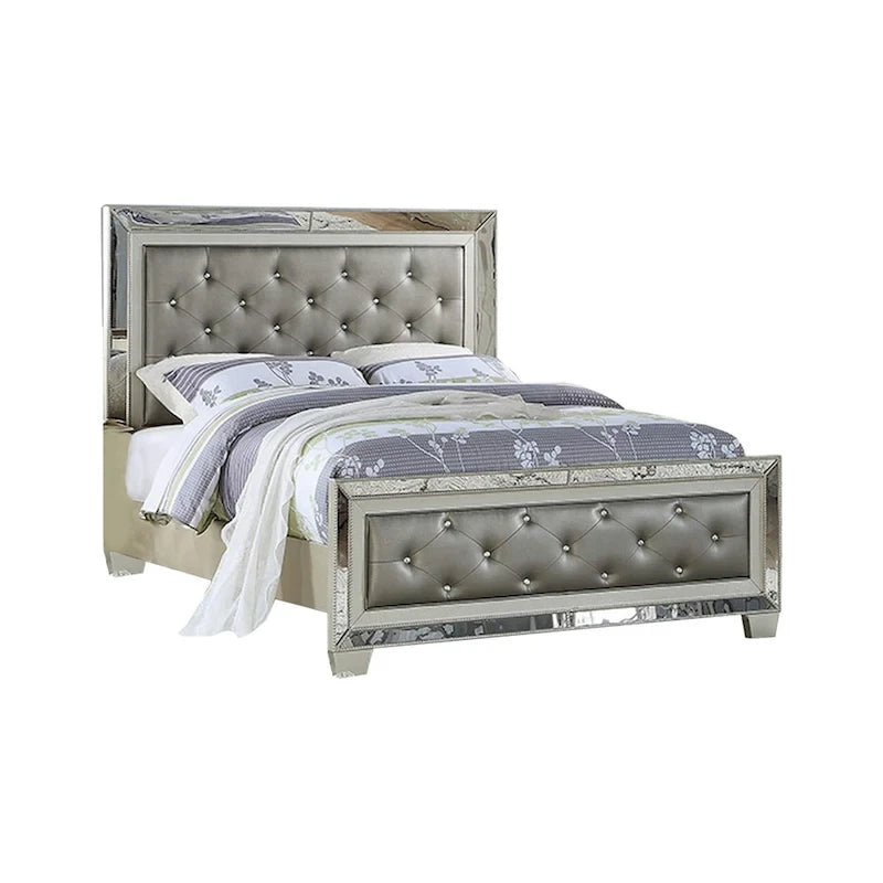 Cadre de lit Queen capitonné en similicuir gris platine avec miroir incrusté
