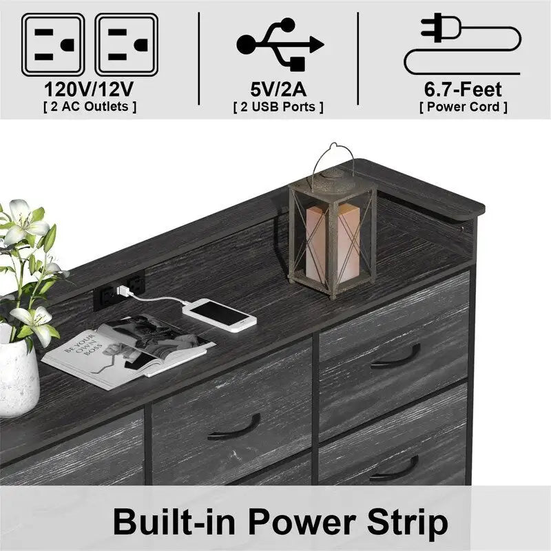 Commode en tissu à 4 tiroirs avec lumière LED et ports de charge, blanche