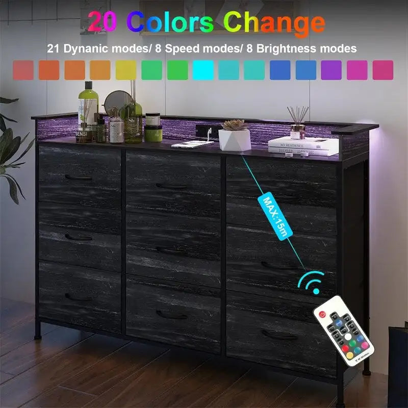 Commode en tissu à 4 tiroirs avec lumière LED et ports de charge, blanche