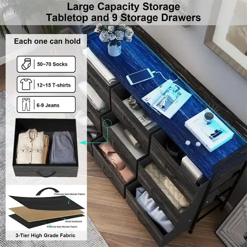 Commode en tissu à 4 tiroirs avec lumière LED et ports de charge, blanche