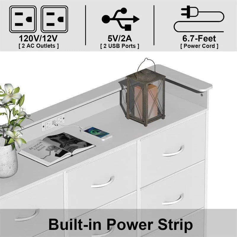 Commode en tissu à 4 tiroirs avec lumière LED et ports de charge, blanche